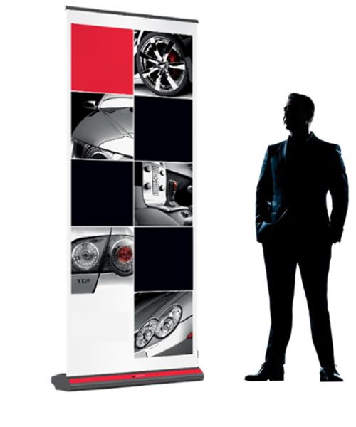 Roll up Enrouleur de luxe avec impression comprise, structure à vos couleurs pour P.L.V. foire expo Grande dimension 80x215 cm